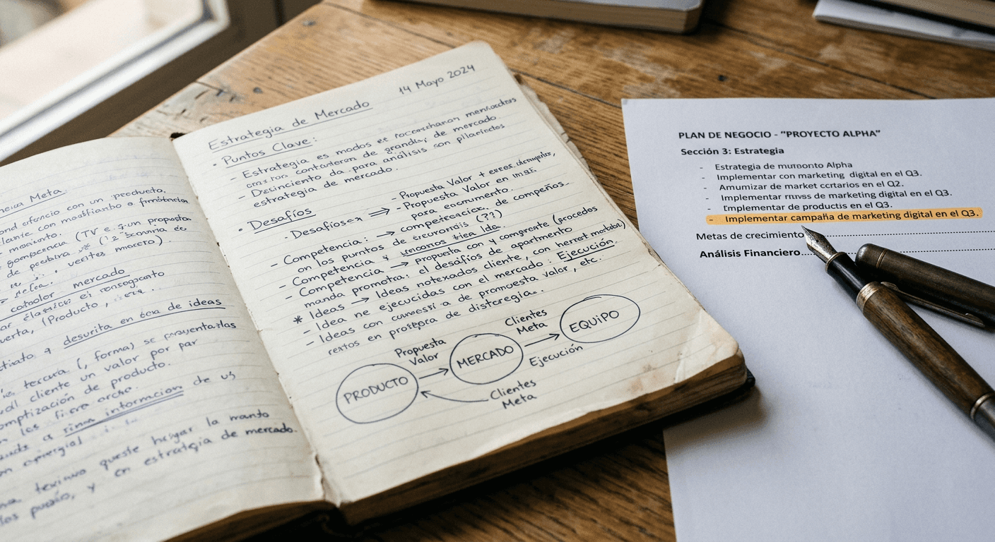 Libreta con notas a mano y un plan de negocio impreso