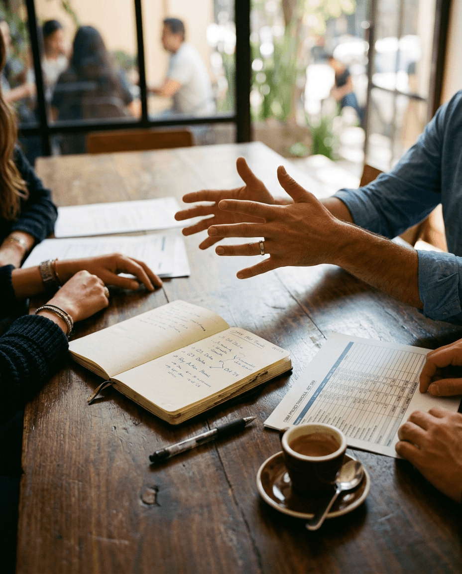 Manos sobre una mesa de reunión durante una conversación, con libreta y documentos