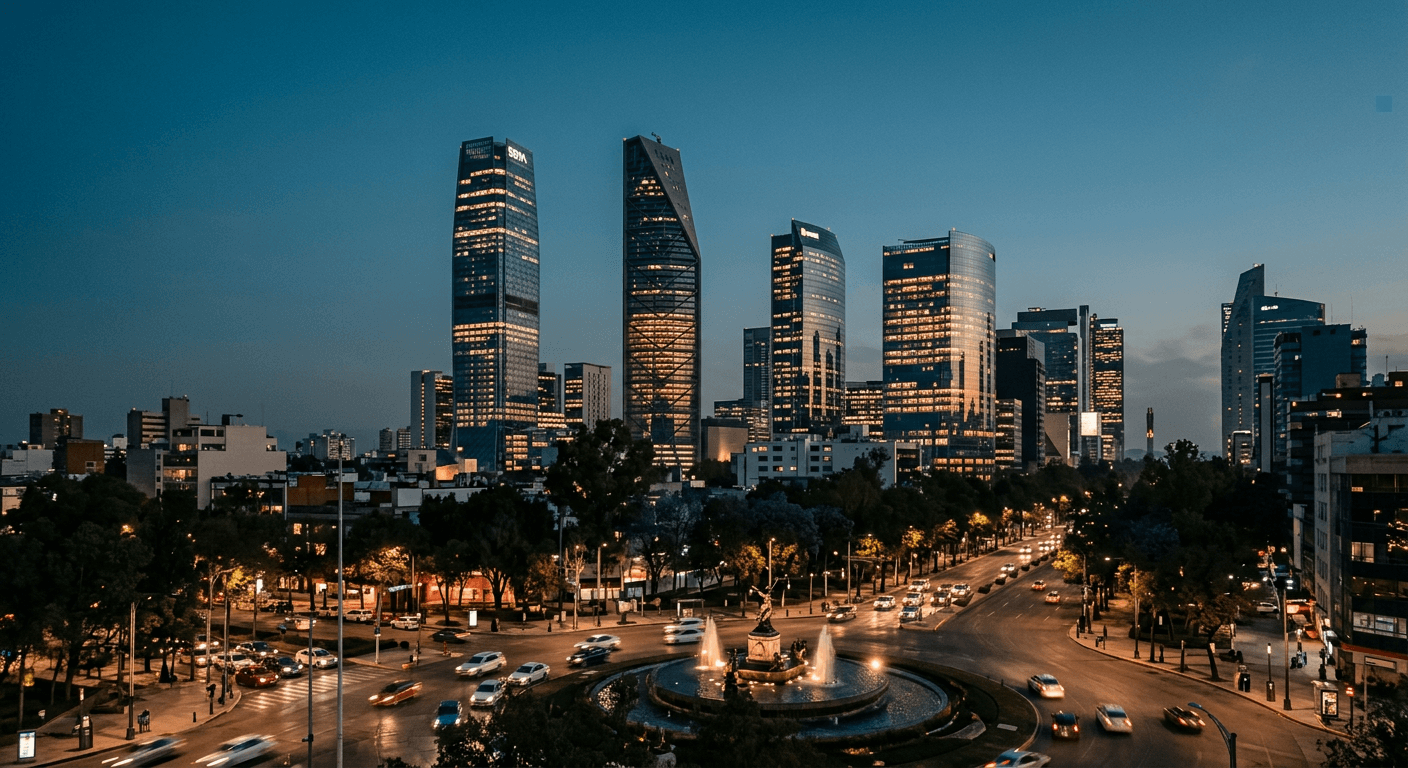 Torres de Paseo de la Reforma en Ciudad de México al anochecer